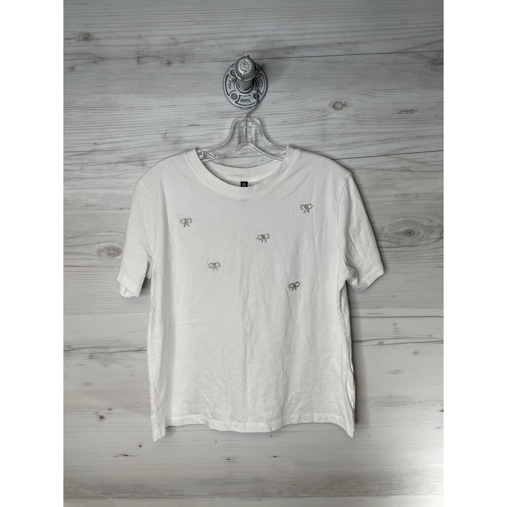 HM Divided Womens‎ White Embellished Bow Graphic Tee Short Sleeve Shirt Medium